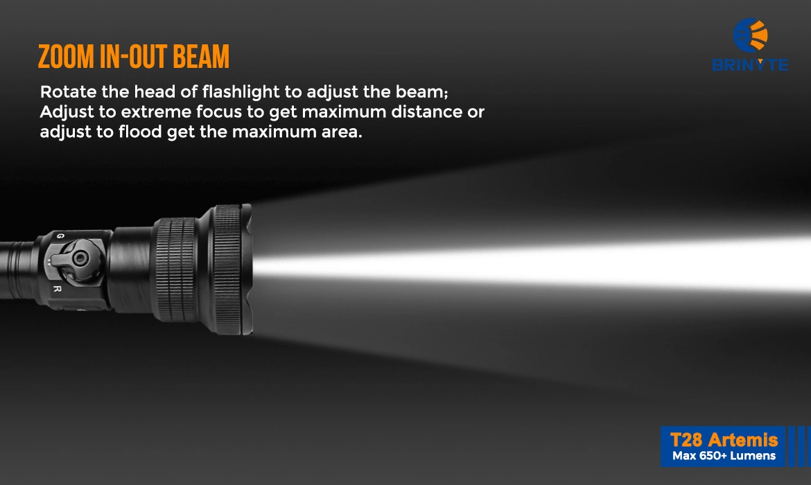 Brinyte T28 Artemis Hunting Light Zoom in-out beam