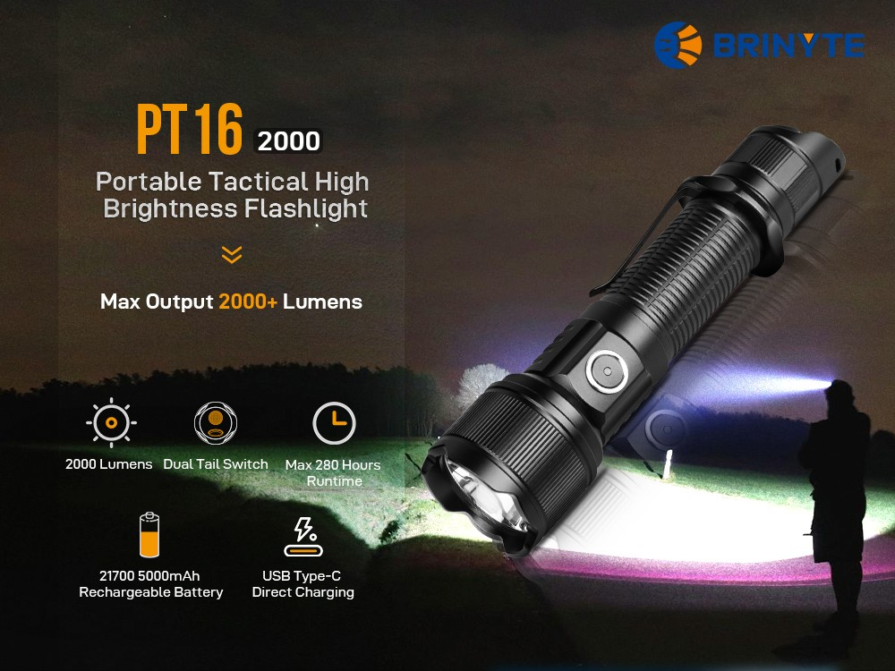 Brinyte PT16 2000 Tactical flashlight Self Defense max 2000 lumens