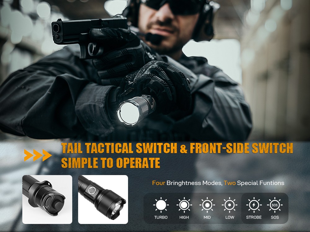 Brinyte PT16 2000 Tactical flashlight tail tactical switch and front-side switch, easy to use