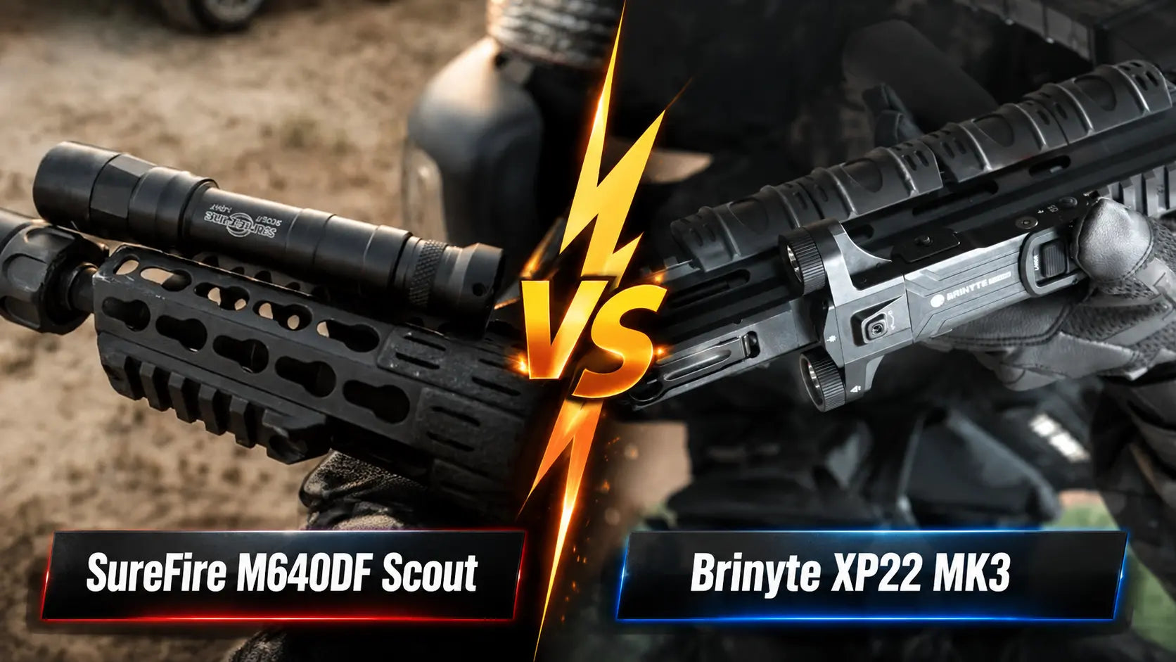 Brinyte XP22 MK3 Scorpion vs SureFire M640DF Scout on AR-15 rail comparison